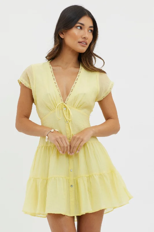 Azura Scalloped Lace Mini Dress Lemon Hip Women's Retro