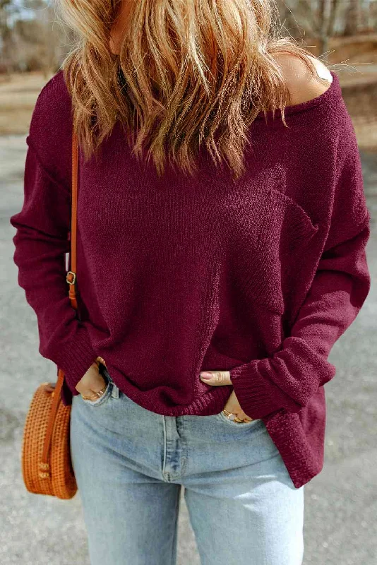 Dropped Shoulder Boat Neck Sweater Pullover with Pocket Minimalist Women's Casual
