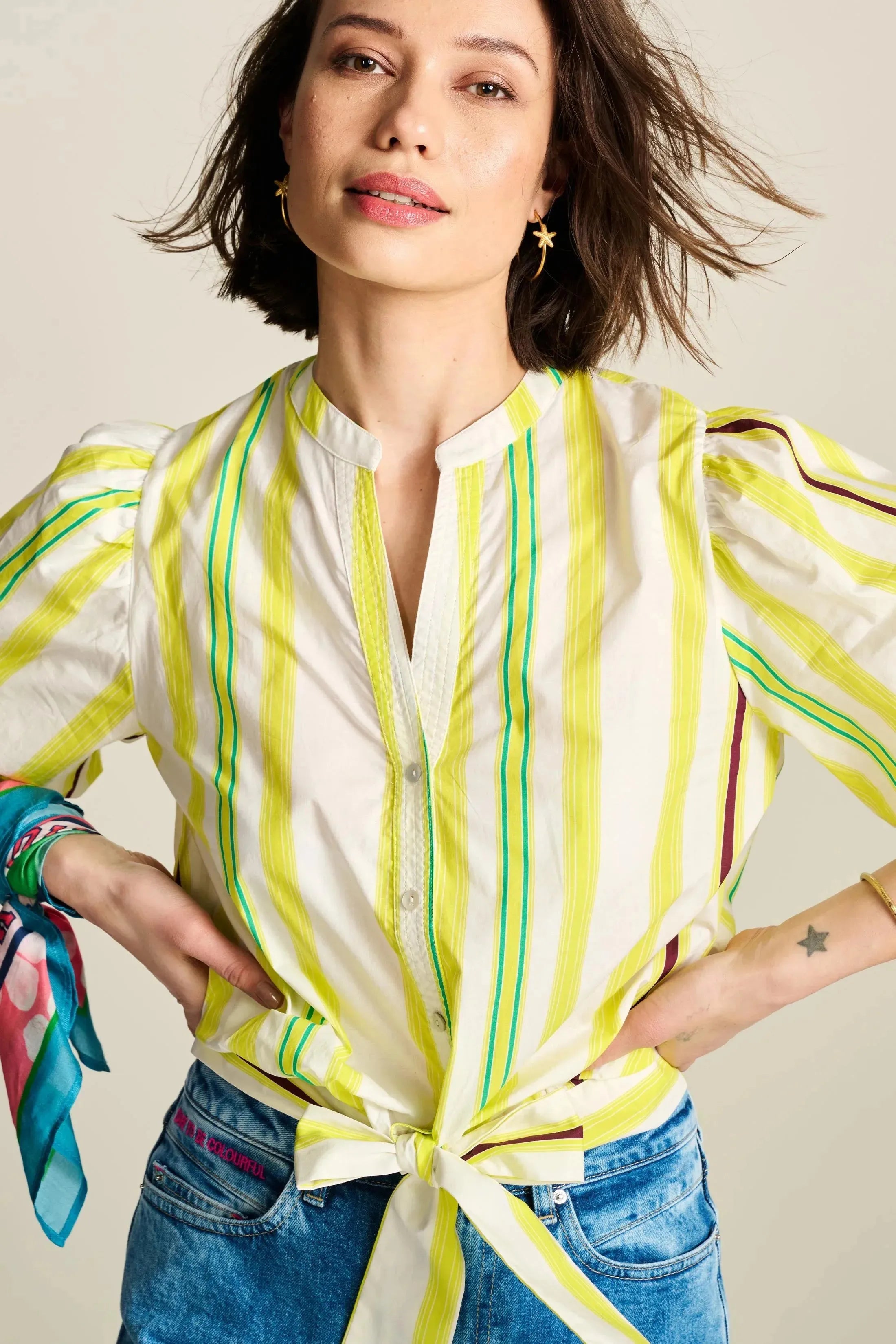 POM Amsterdam Blouse in Striped Lemon Sleek Women's Metallic