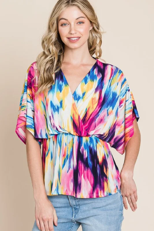 BOMBOM Printed Surplice Peplum Blouse Elegant Women's 