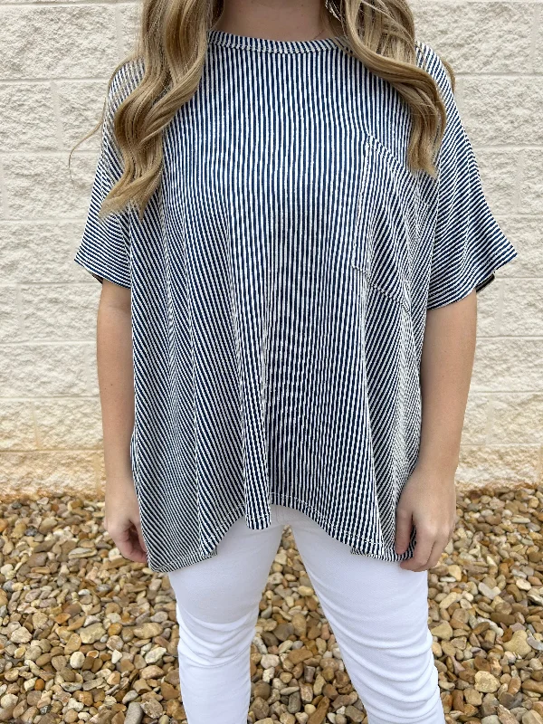 Danielle Light Navy Corded Rib Oversized Short Sleeve Top Cool Women's Skate
