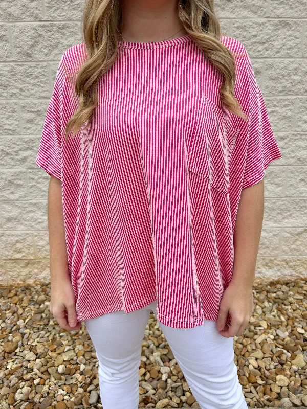 Danielle Hot Pink Corded Rib Oversized Short Sleeve Top garde