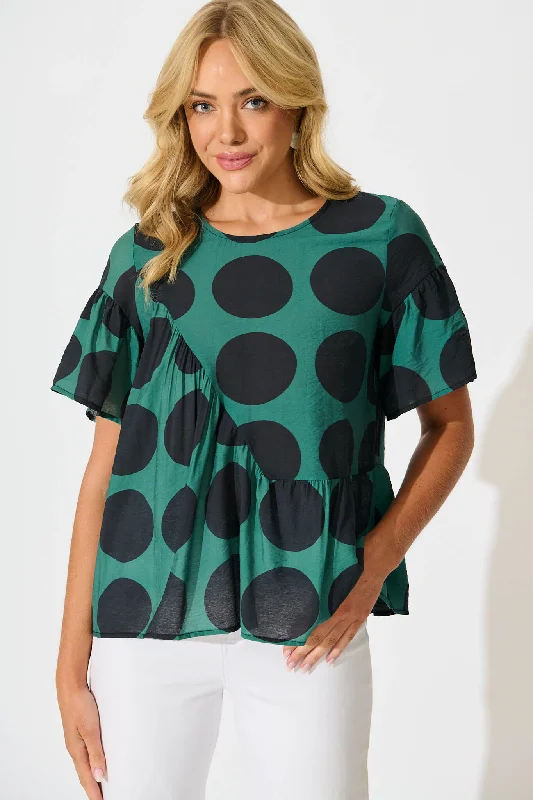 Girona Top In Emerald with Black Spot Cotton Blend Laid - back Women's Style