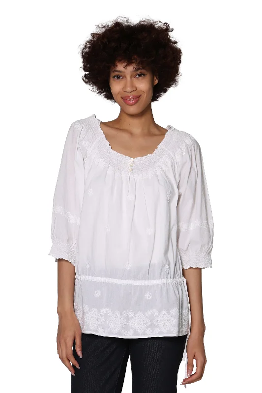 La Cera Hand-Embroidered Smocked Top Feminine Women's Soft 