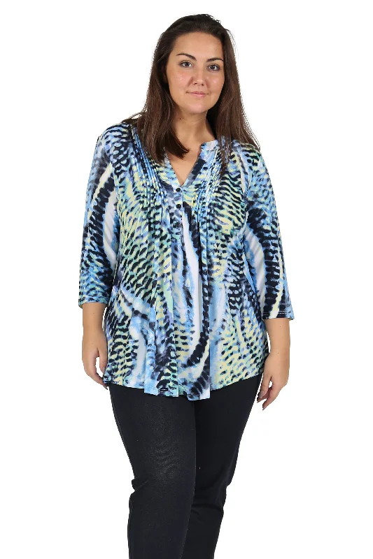Plus Size La Cera Pleat Front Printed Tunic Blue Yellow Athletic Women's 