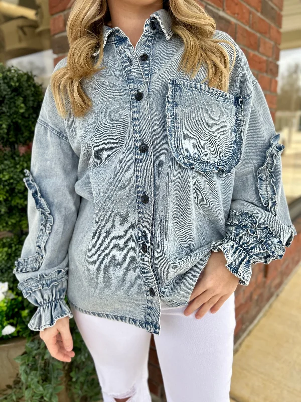 Demi Washed Denim Ruffled Detail Button Up Top Geometric
