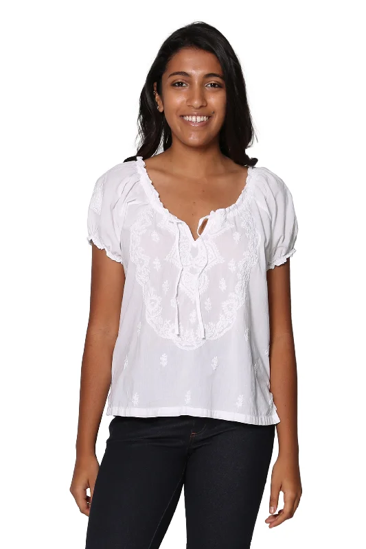 La Cera White Embroidered Short Sleeve Peasant Top Sharp Women's Italian