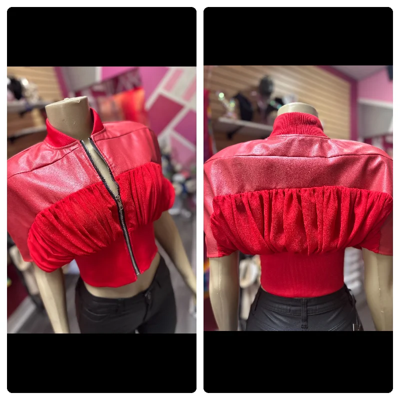 Faux Leather and Sheer Jacket Top Classic Women's Pin - striped