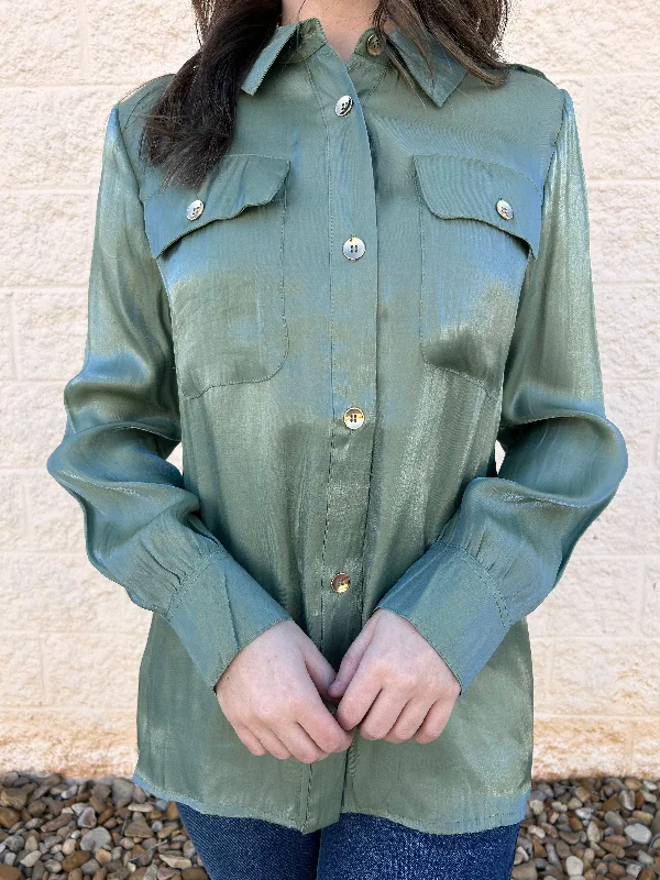 Keep Your Secret Sage Shimmer Button Up Top Athletic Women's High - 