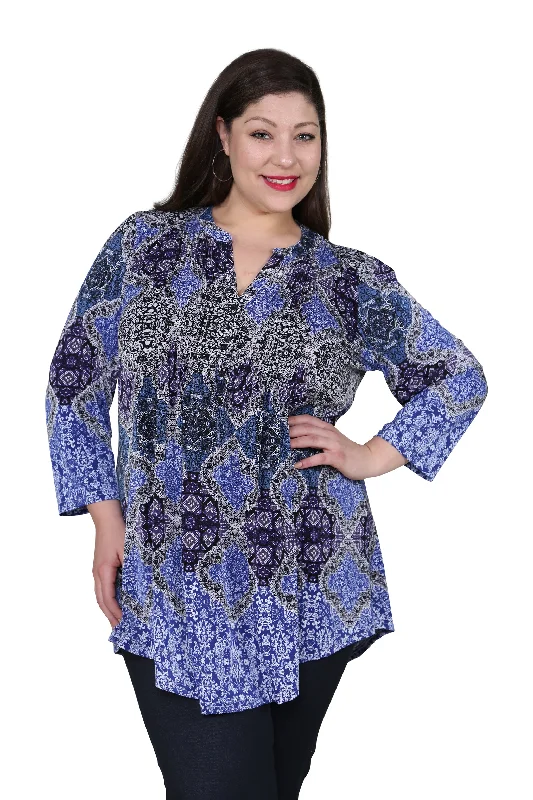 Plus Size La Cera Pleat Front Printed Tunic Blue Multi Gym