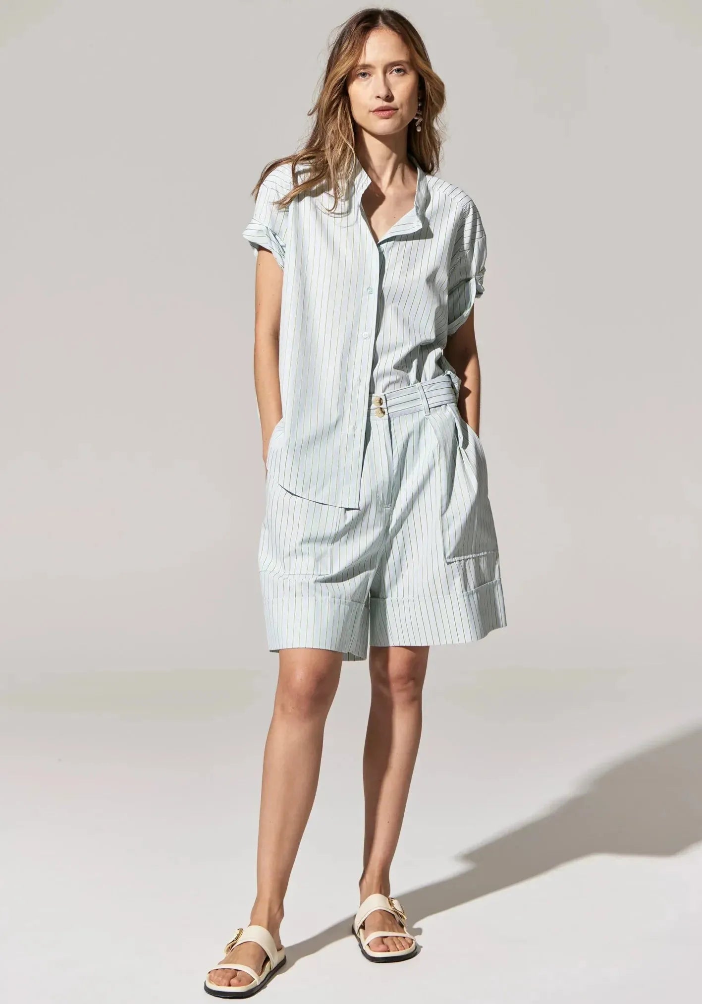 POL Orion Roll Sleeve Shirt in Mist Stripe Relaxed Women's 