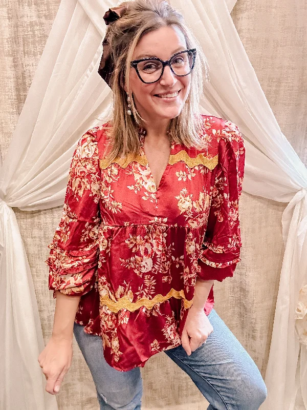 Deep Wine Floral Ric Rac Top Confident Women's Power