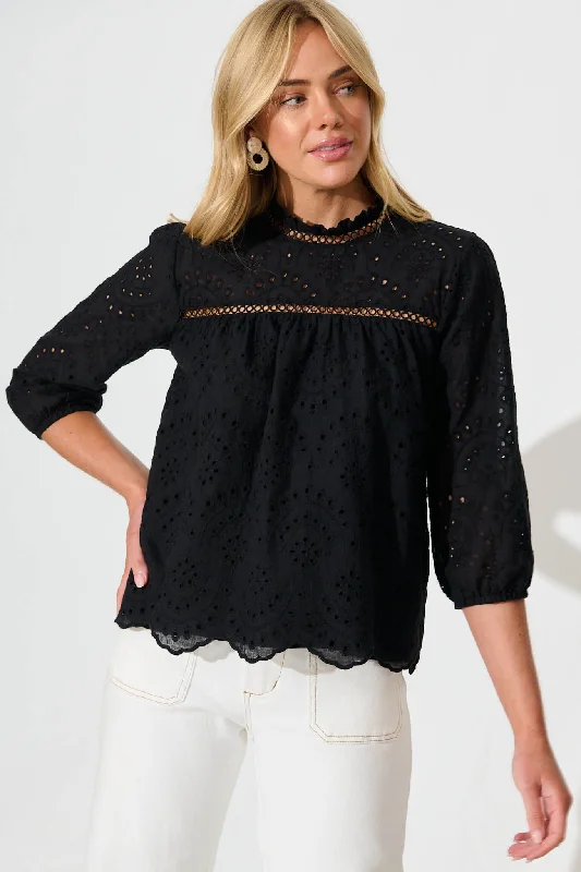 Donia Top In Black Embroidery Cotton Athletic Women's High - 
