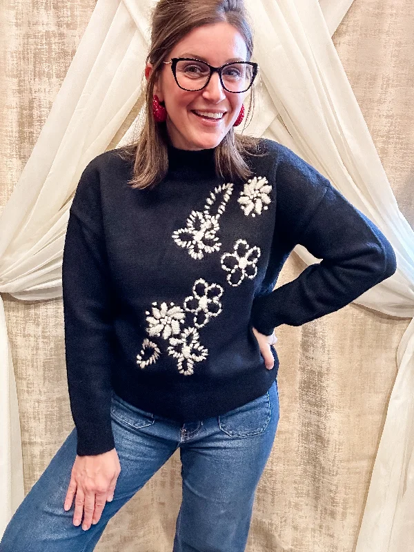 Black Sweater with White Embroidery Modern Women's 