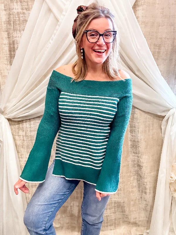 Green and Cream Soft Striped Sweater Rugged Women's Outdoor 