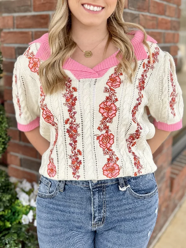 Picture Perfect Floral Embroidery Collared Knit Top Monochromatic All - in - one