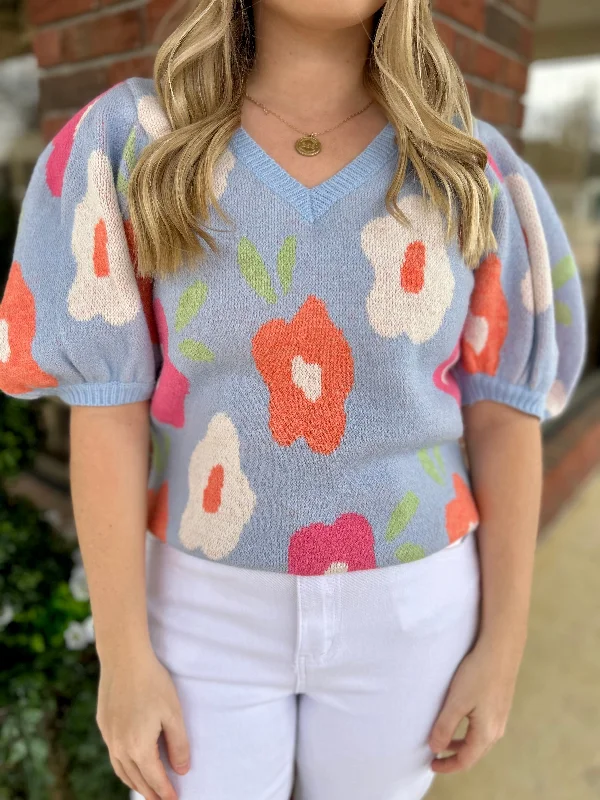 Feeling Retro Floral Pattern Puff Sleeve Sweater Top Sophisticated Women's Tailored