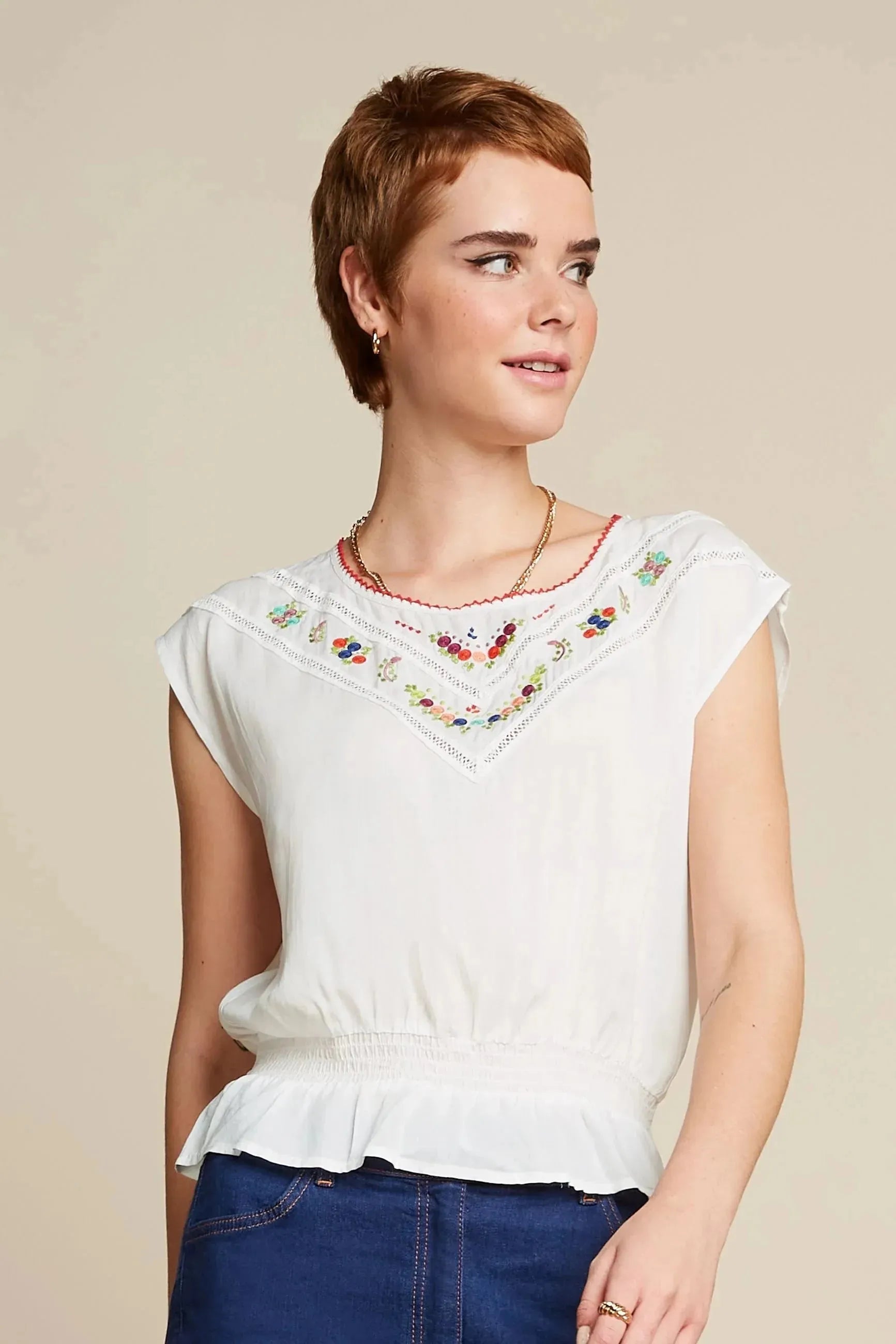 King Louie Selly Top Citrine Embroidery in Cream Sophisticated Women's 