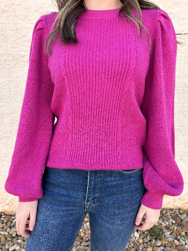 Anya Magenta Ribbed Puff Sleeve Sweater Cool Women's Distressed