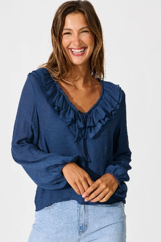 Ariella Top in Navy Cotton Blend Confident Women's High - fashion