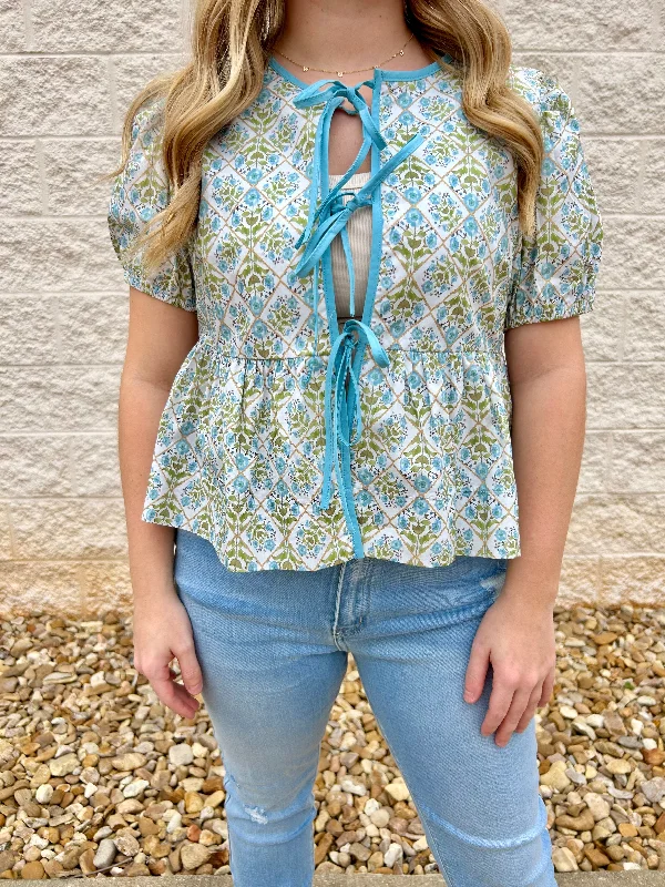 Come Around Teal Floral Tie Front Puff Sleeve Top Relaxed Women's Beachy