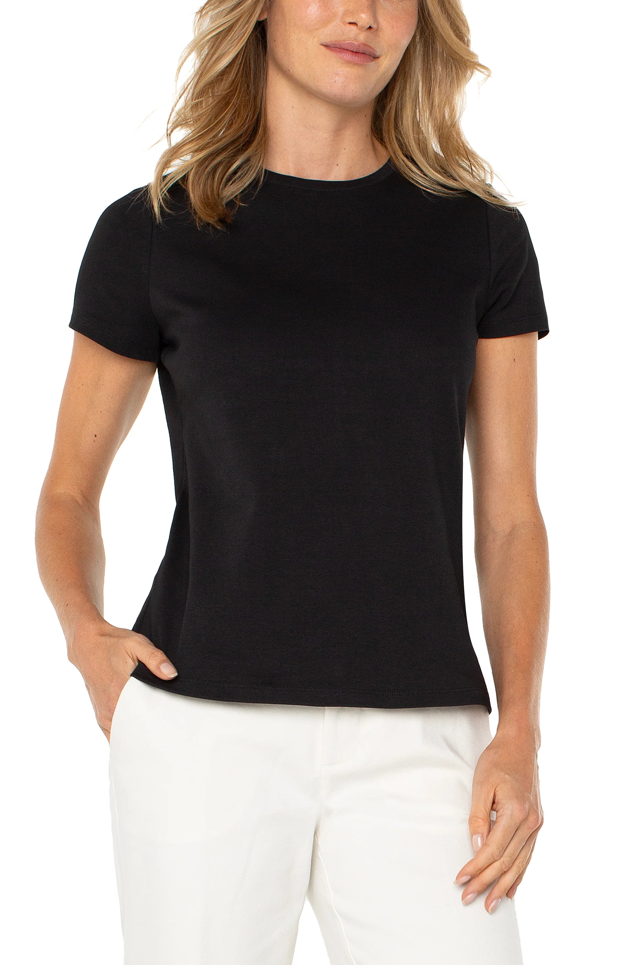 Short Sleeve Crewneck Knit Tee in Black Traditional Women's Wool