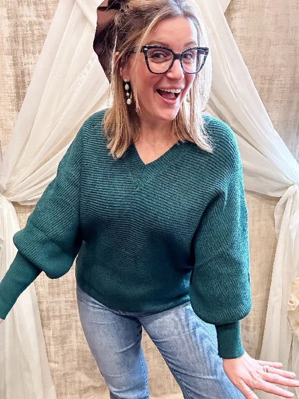 Deep Green Ribbed Sweater Minimalist Women's Casual