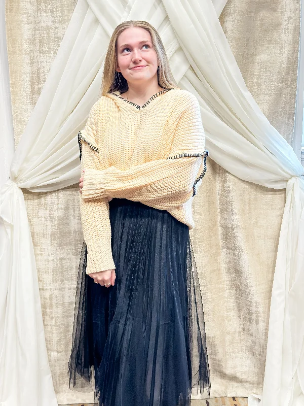 Cream Cozy Sweater with Black Stitching Laid - back Women's Style