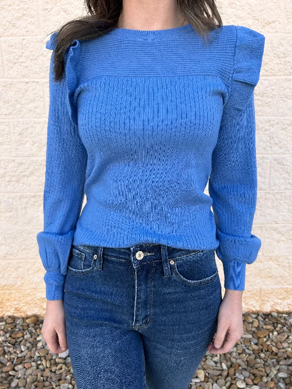 Cobalt Blue Shoulder Ruffle Crewneck Sweater Monochromatic All - in - one