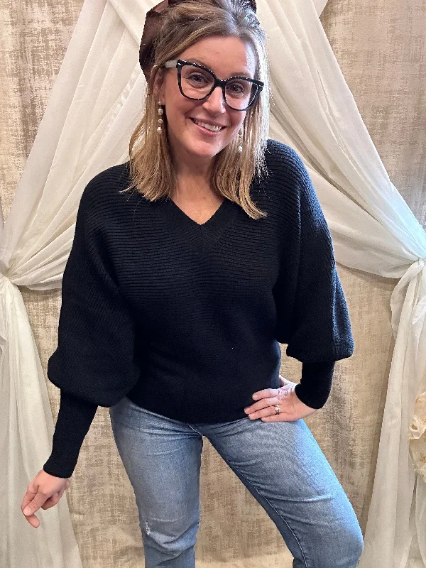 Black Luxurious Ribbed Sweater Dapper Women's Bow - adorned