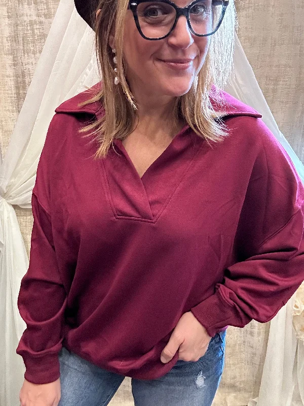 Wine Ultra Soft Pullover with Collar Unique Women's Upcycled