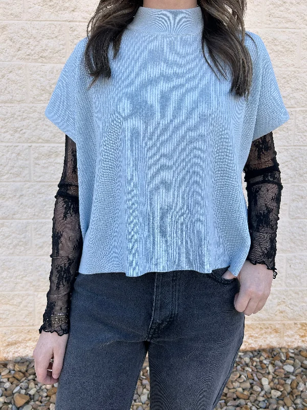 The Night Is Young Light Blue Mock Neck Short Sleeve Boxy Sweater Vintage Women's 1970S 