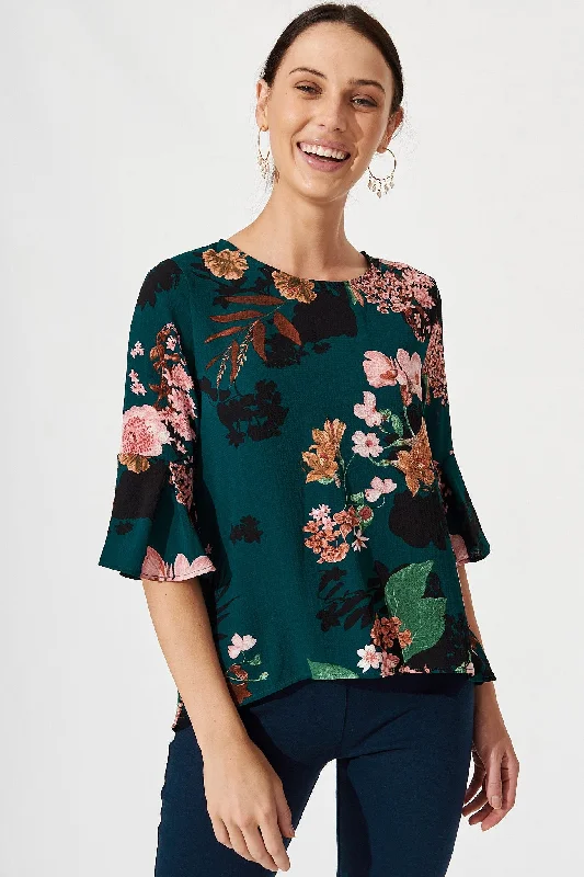 Tai Top In Green With Apricot Floral Adventure
