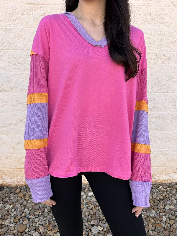 Check List Hot Pink Color Block Hoodie Top Elegant Women's 