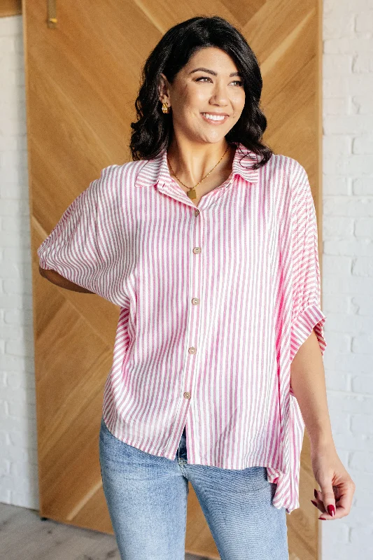 Boxy Striped Button Up in Hot Pink Stylish Women's Neon