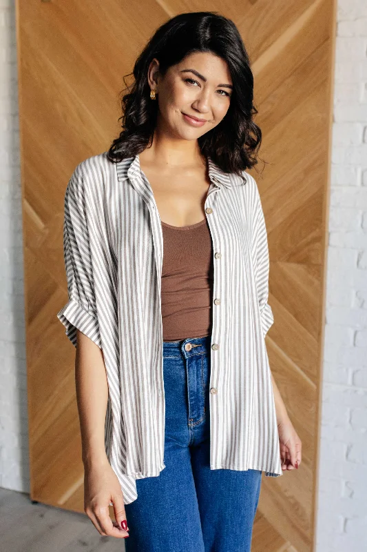 Boxy Striped Button Up in Mocha Elegant Women's Formal 