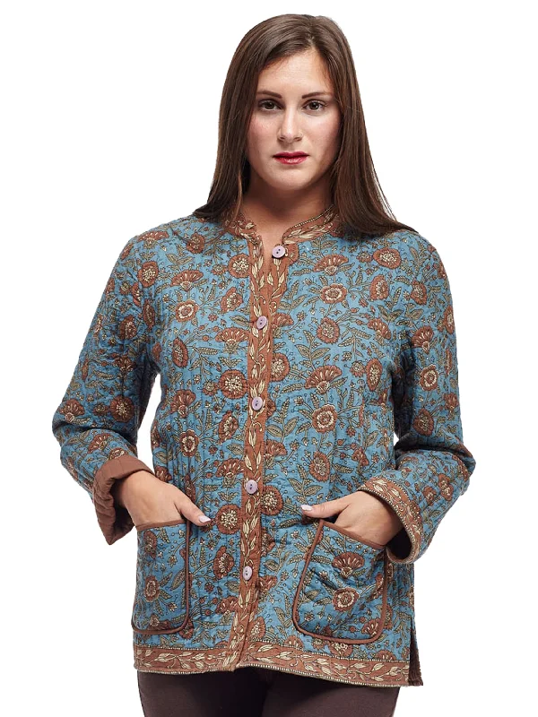 La Cera Quilted Blue Mandarin Jacket Trendy Women's 