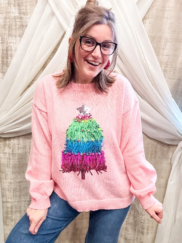 Light Pink Sweater with Fringe Tree Trendy Women's 