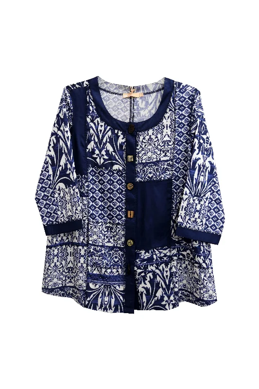 La Cera Plus Size Navy Mosaic Tile Print Top Artistic Women's Avant - 