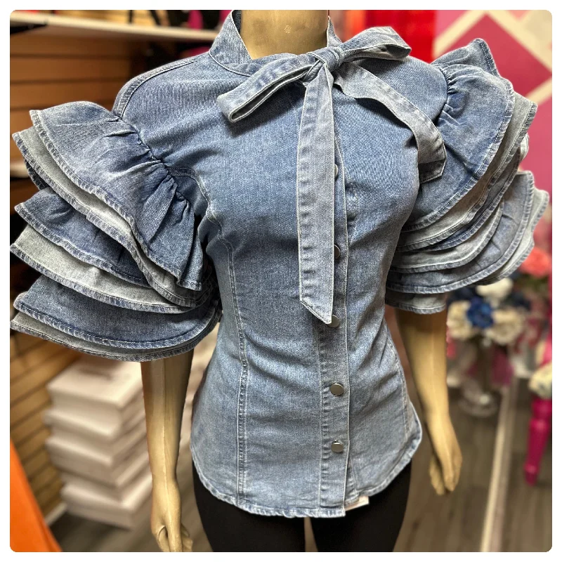 Ariel Denim Ruffle Sleeve Top Practical Women's Quick - dry