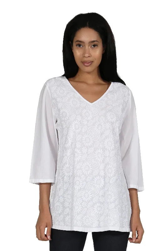 White Floral Embroidered Top Stylish Women's Tropical 