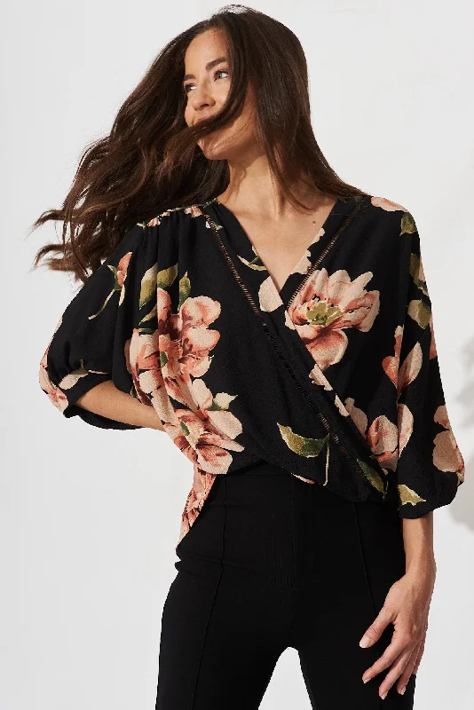 Marliboo Mock Wrap Top In Black With Blush Floral Compression