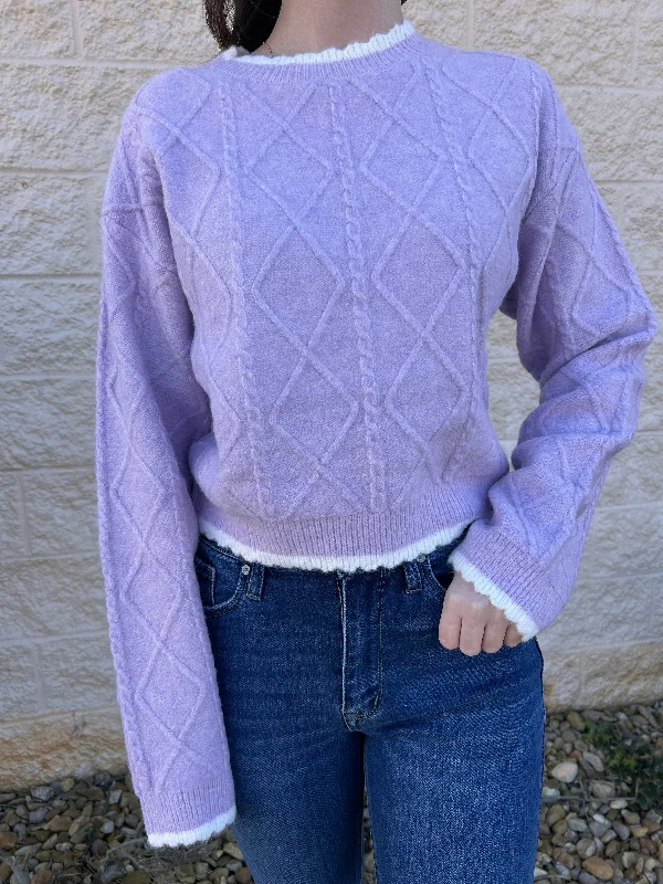 Light On My Feet Lilac Cableknit Cropped Sweater Hip Women's Retro