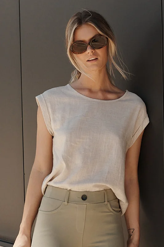 Rejina Top In Oatmeal Linen Blend Feminine Women's Soft 