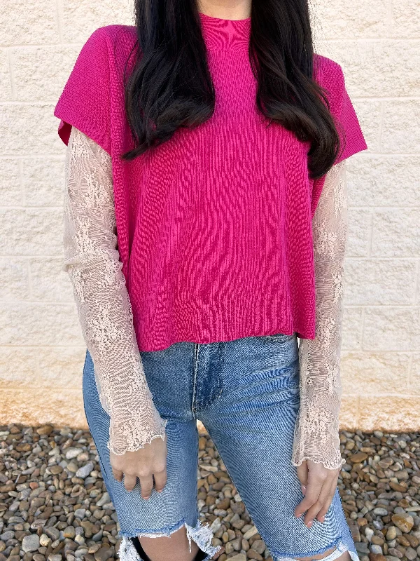 The Night Is Young Hot Pink Mock Neck Short Sleeve Boxy Sweater Sharp Women's Italian