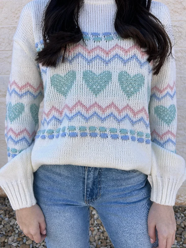 Heart & Geo Printed Balloon Sleeve Sweater Cozy Women's Winter