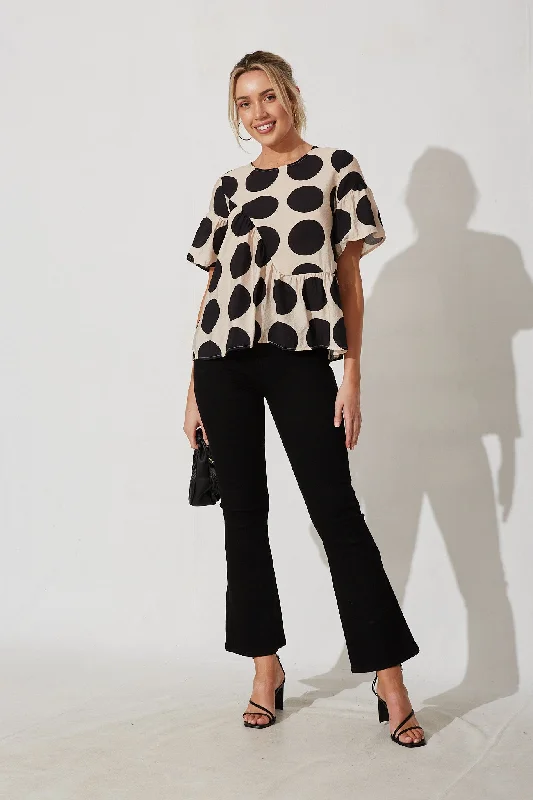 Girona Top In Beige With Black Spot Print Cotton Blend Business