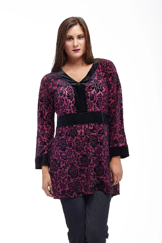 Velour Burnout Jacquard Trimmed Tunic Dapper Women's Bow - adorned