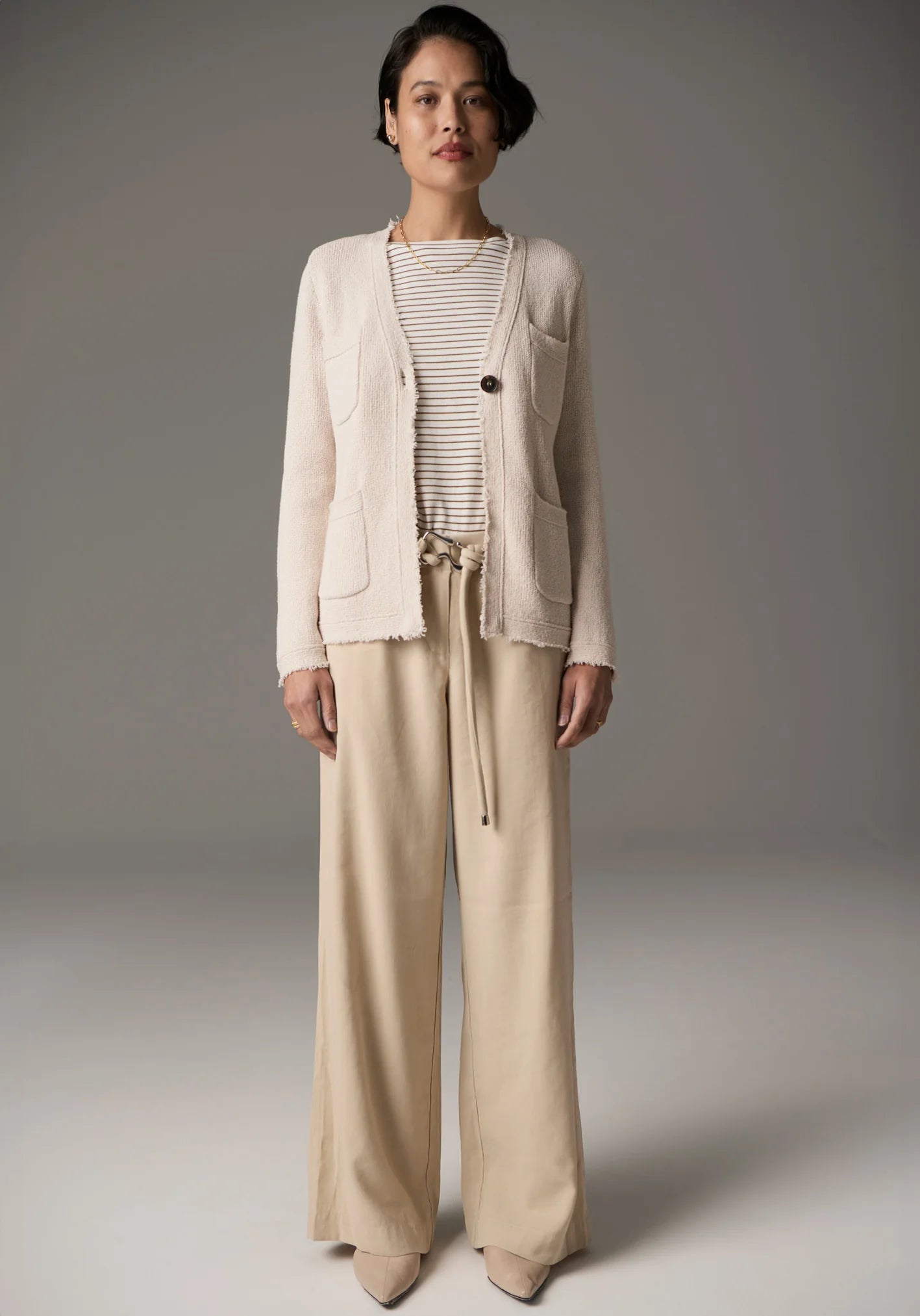 POL Signe Tee Long Sleeve in White/Khaki French