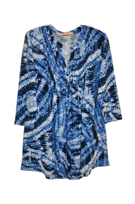Plus Size La Cera Pleat Front Printed Tunic Tie-Dye Blue French